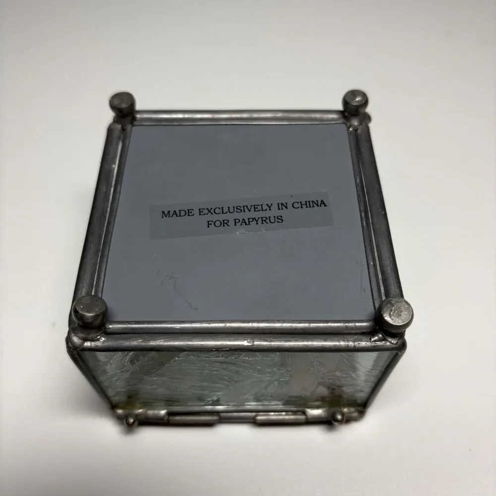 Vintage Glass Trinket Jewelry Box Hinged Pressed Flowers Mirror Base PAPYRUS